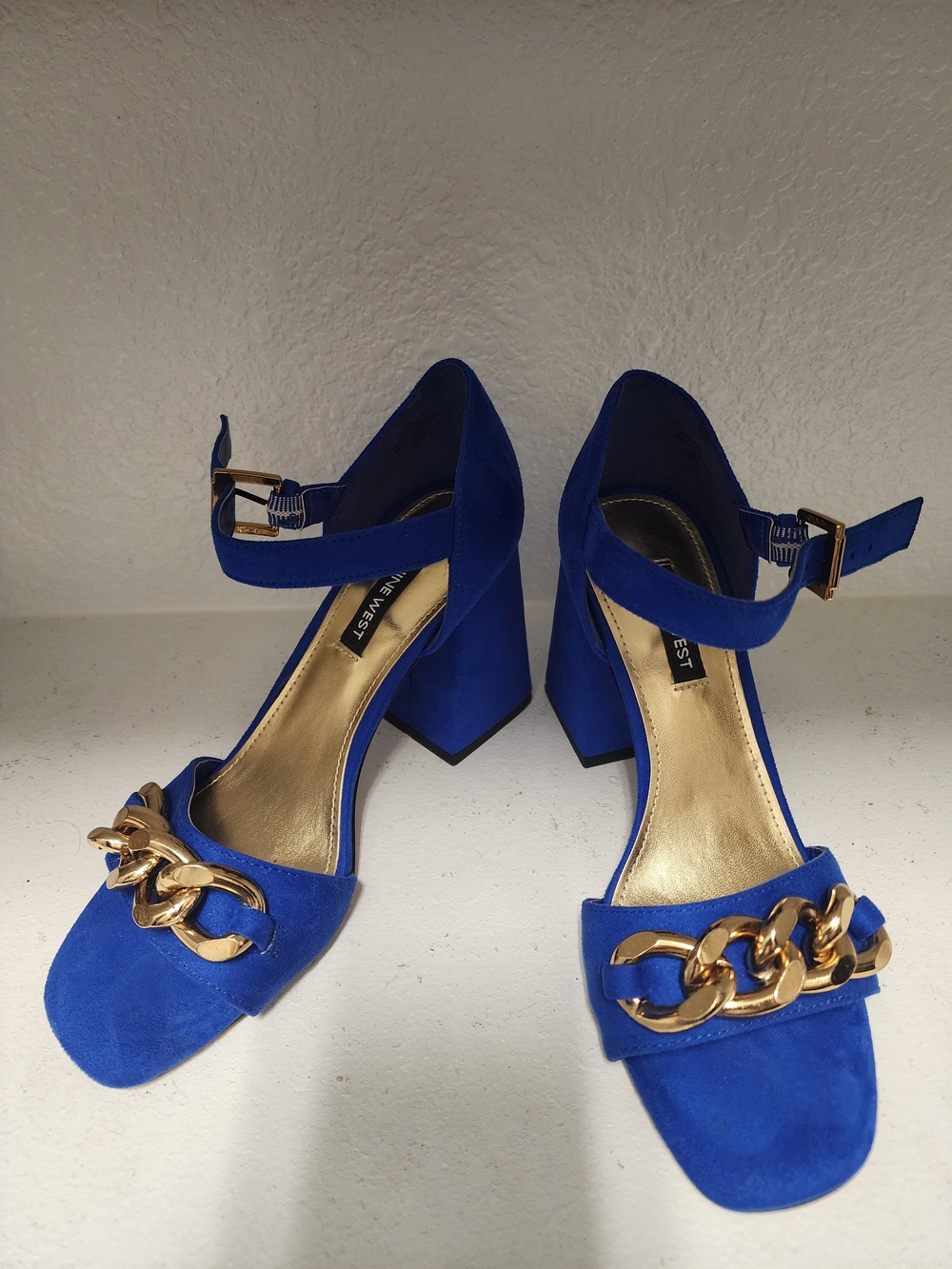 Nine West Cobalt Blue Suede Block Heel Sandals with Gold Chain
